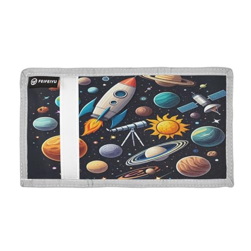 Rocket Satellite Space Black Kids Wallet for Boys Girls Trifold Sport Outdoor Wallets for Children Teen Youth Wallet with Zippered Coin Pockets Card Holders Novelty Wallets with Magic Sticker