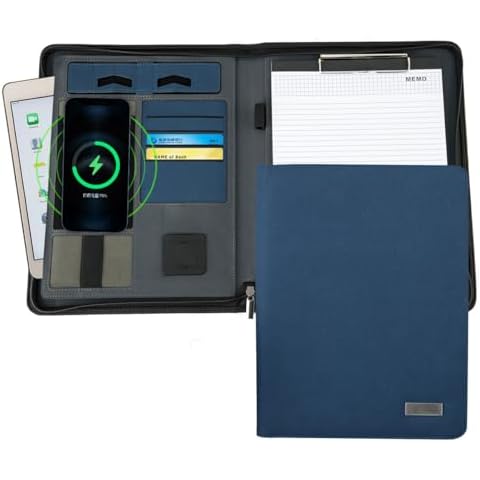 Upgrade Padfolio Folder, A4 Multi-Function Wireless/Wired Charging Folder Combination, with 8000mah Mobile Power Professional Organizer Portfolio Clipboard Notebook Bag for Women & Men (Blue) Cover