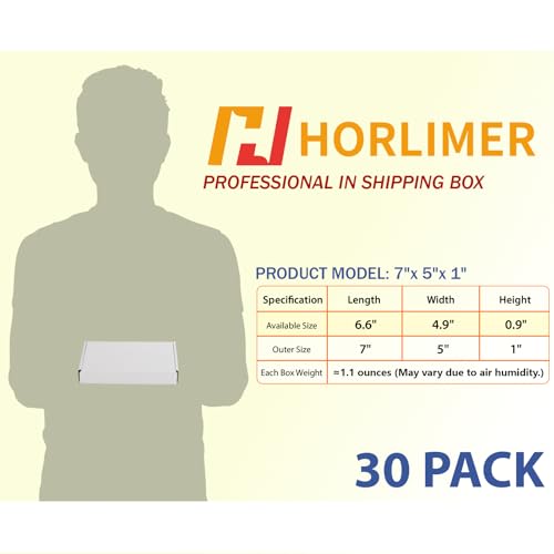 Image of HORLIMER 7x5x1 Shipping Boxes Set of 30, White Corrugated Cardboard Mailer Box for Packing Small Business