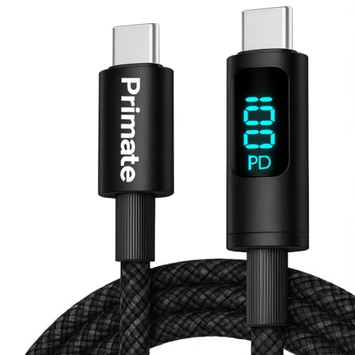 Primate 100W USB-C to USB-C Fast Charging Cable with LED Power Display, 5A High-Speed Output, 2m Durable Tangle-Free Design, Supports PD Laptop/Tablet/Phone Charging & Data Transfer 2m
