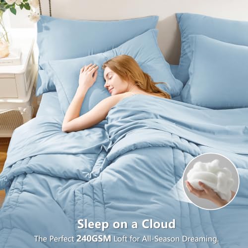 Image of CozyLux King Size Comforter Set Baby Blue - 7 Pieces Bed in a Bag, Modern Vertical Quilted Room Decor, Soft All-Season Bedding Gift with Comforter, Sheets, Pillowcases & Shams