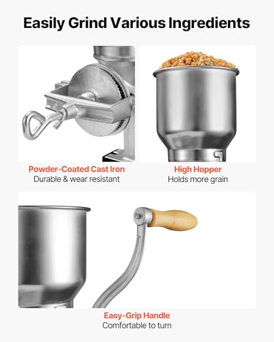 VEVOR Manual Grain Mill with High Hopper, Hand-Crank Corn Grinder, Heavy Duty Cast Iron Wheat Grinding Mill with Stable Table Clamp for Grains Spices Coffee Beans Nuts