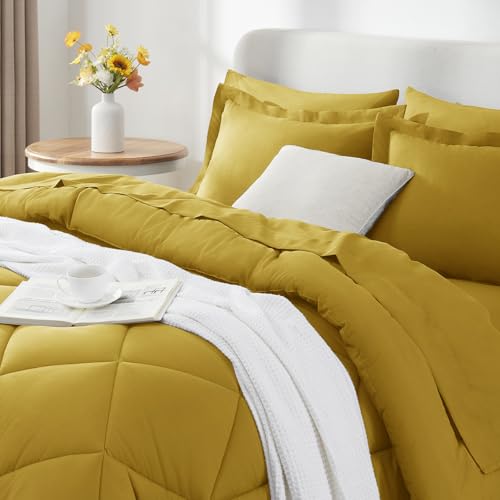 image for CozyLux King Size Comforter Set Mustard Yellow - 7 Pieces Bed in a Bag