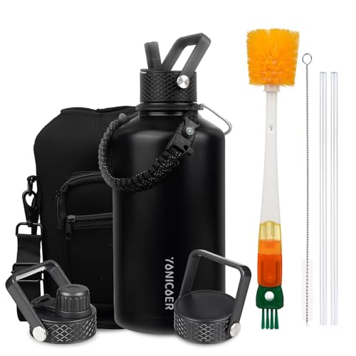 YONICOER Insulated Water Bottle 87oz,Triple Wall Vacuum Stainless Steel(Dishwasher Safe),Leak Proof & Non-BPA,Flask Jug with Paracord Handle & Straw Spout Lids Sports Black
