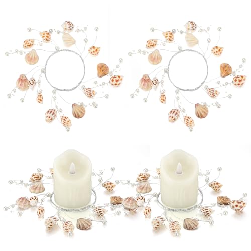 Daifunli 2 Pcs Summer Sea Shell and Pearl Candle Ring Artificial Sea Shell and Pearl Wreaths for Pillar 3.9 Inch Candles Holder for Summer Country Wedding Kitchen Rustic Table Centerpiece Decor
