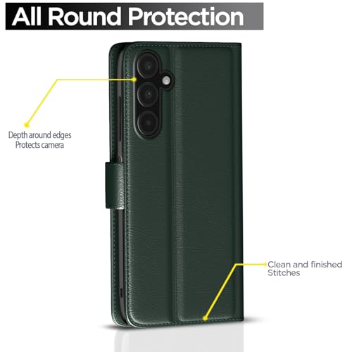 Image of Pikkme Flip Cover Leather Finish | Inside TPU with Card Pockets | Wallet Stand and Shock Proof | Complete Protection Button Flip Case for Samsung Galaxy A16 5G (Green)