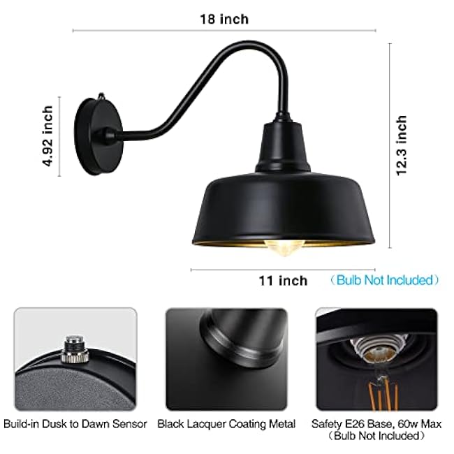 Gooseneck Barn-Lights Outdoor Fixture 11 inch Farm Style Black Sconce Wall Light