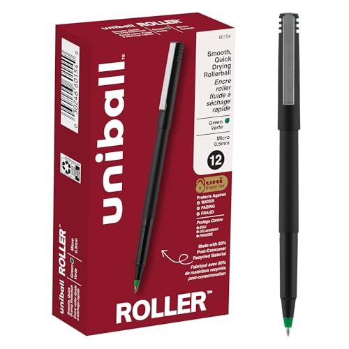 uniball Roller Ball Pen, Stick, Micro 0.5 Mm, Green Ink, Black Matte Barrel, Dozen