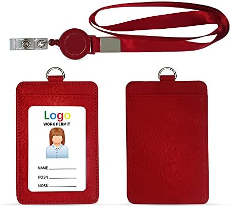 HYCOPROT ID Badge Holder 2-Sided Pu Leather with 1 Id Window and 1 Card Slot and 1 Piece 34.8 Inch Detachable Neck Lanyard id Card Holder for Office School Business Travel Student (Black, Vertical)