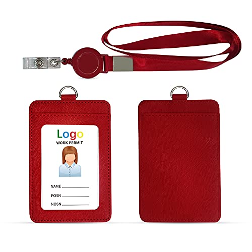 HYCOPROT ID Badge Holder with Lanyard Heavy Duty Retractable PU Leather Vertical Horizontal ID Card Holders with 1 Clear ID Window & 1 Credit Card Slot for Office School Driver Licence (Vertical, Red)