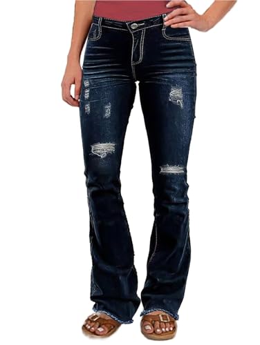 Flamingals High Waisted Flare Jeans for Women Stretchy Curvy Ripped Raw Hem 90s Trendy Western Bootcut Jean