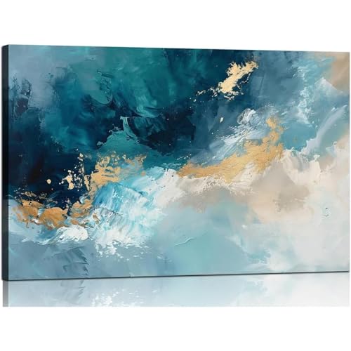 Toile murale abstraite grand format 90x140cm déco salon moderne tableau bleu plage cadre bois