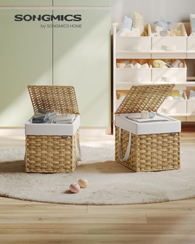 SONGMICS Laundry Hamper with Lid, 9.5 Gallon (36 L) Synthetic Rattan Clothes Laundry Basket with Lid and Handles, Foldable, Removable Liner, Goose Yellow ULCB136Y01