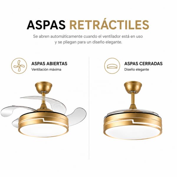 Bilake Ventilador de Techo con luz 72W | Silencioso Motor DC | Aspas retractiles Plegables | Lampara Ventilador de Techo Dorado Destro