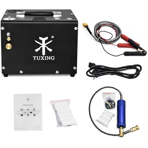 TUXING 4500PSI PCP Air Compressor,Portable PCP Compressor,12V DC 110V/220V AC PCP Airgun Compressor Auto-stop,Built-in Adapter/Fan Cooling for Paintball, Air Rifle, Mini Diving Tank Cover