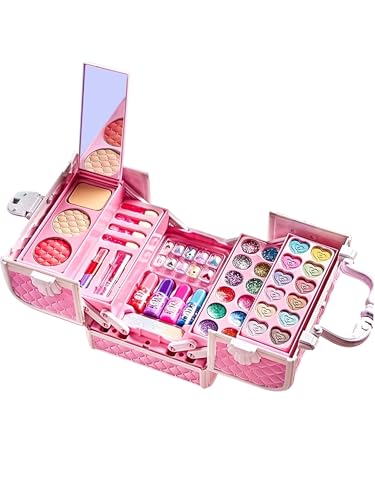AAGWW お化粧セット 女の子 キッズコスメ メイクセット おもちゃ 48 点セット 水溶性ネイル アイシャドウ リップ 無毒無臭 ドール付き かわいい ギフト(ピンク)