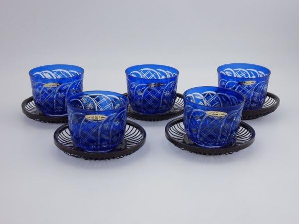 Amazon.co.jp: 創作ガラス 藍色切子 茶托付冷茶グラス5客セット 