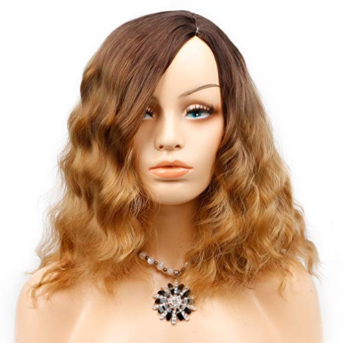Light Brown Ombre Curly Bob Wig 2 Tone Wig Brown to Blonde Short Wavy Wig Side Part Girls Party Daily Wig 14 inches