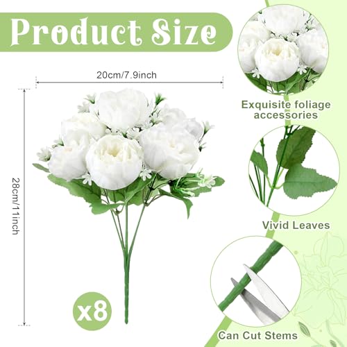 Image of 8 Pack White Peonies Artificial Flowers, Fake Silk Hydrangea Bouquet for Bridal Wedding Home Table Decor Reusable Dining Opening Ceremony Birthday Arrangement Faux Floral