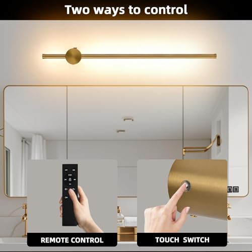 Image of Battery Operated Wall Sconce USB Rechargeable Sconces, 23.6 inch Brushed Gold Wireless Wall lamp Set of 2, 3000K-6000K & Dimming with Remote Control, LED Wall Lights for Living Room, Bedroom