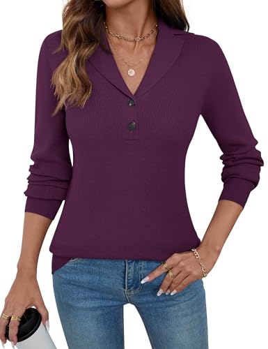 LOMON Sweaters for Women 2025 Fall Knitted V-Neck Collared Button Pullover Dressy Casual Long Sleeve Polo Shirts Business2