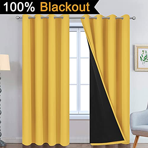Image of Yakamok 100% Blackout Curtains Energy Saving Thermal Insulated 2 Thick Layers Completely Blackout Drapes with Black Liner for Bedroom (52Wx84L,Mustard Yellow, Set of 2)