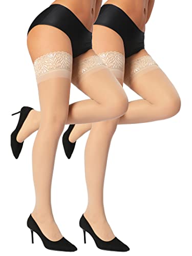 Image of HONENNA 2 Pairs Sheer Thigh High Stockings, 17+ Colors Stay Up Lace Top with Anti-Slip Silicone for Women
