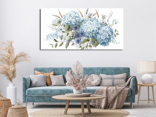 Image of VEAEE Flowers Canvas Wall Art - Blue Floral Canvas Pictures, Living Room Wall Decor, Blue Hydrangea Botanical Canvas Prints Painting Abstract Artwork Bedroom Office Kitchen Home Decoration 29 inchx 58 inch