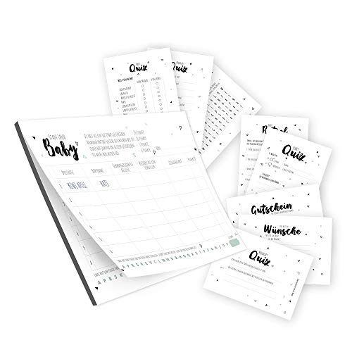 bigdaygraphix Babyparty Spiele-Set | 4 Verschiedene Spiele im Set + 20 Mama Gutscheine | bis zu 20 Personen | Baby & Mama Quiz + Rätselspiel + Stadt Land Fluss Spiel