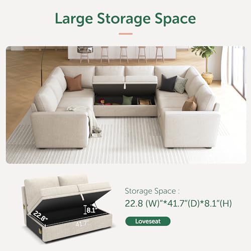 Image of HONBAY Sleeper Sectional Couch with Pull Out Bed, Modular Sofa with Storage Seats, U Shaped Sectional Couches for Living Room, Beige
