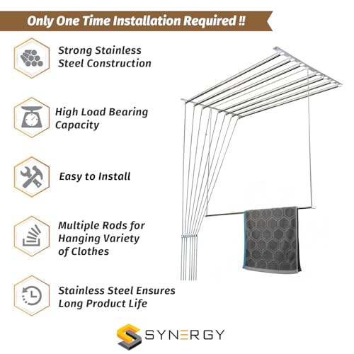 Image of Synergy - 8 Pipes x 8 Feet - Heavy Duty - Stainless Steel Ceiling Cloth Dryer for Balcony | Cloth Drying Rope with Pulley | Cloth Hanging Stand | Clothes Drying Stand Wall Mounted - (SY-CL5-8P)