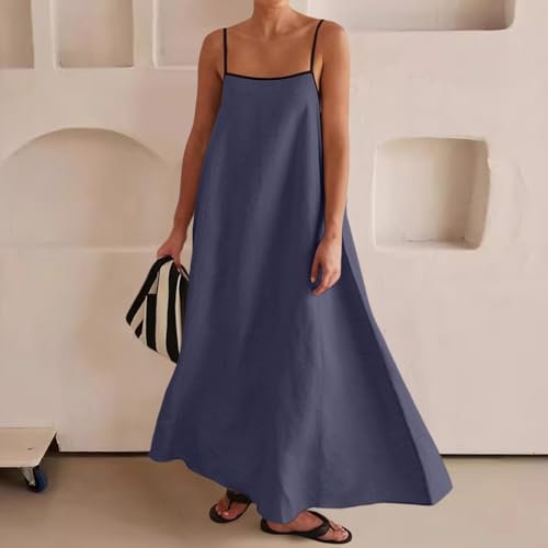 Image of Linen Maxi Dress for Women Spaghetti Strap Backless Summer Beach Sundress Flowly Sleeveless Comfy Long Dresses