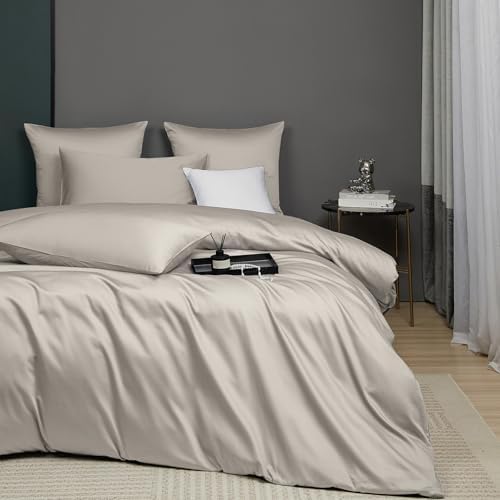 Luofanfei Kühlend Mako Satin Bettwäsche 155x220 Baumwolle Sommer Khaki | Glatt Luxus Muster Atmungsaktiv Bettwäscheset Weich und Bügelfrei Uni Bettbezug und 2 Kissenbezüge 80x80 cm