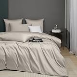 Luofanfei Housse de Couette Coton 220x240 Kaki Beige Satin de Coton Parure de Lit Deluxe Soyeux Respirant Lyocell Soie Linge de Lit 2 Personne avec Fermeture Éclair et Taies d'oreiller 65x65 cm