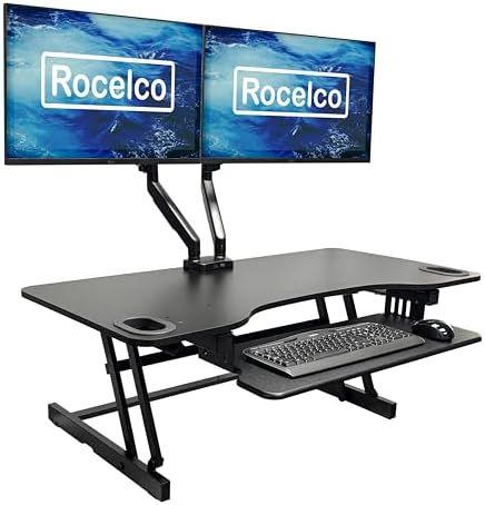 Rocelco 45" Height Adjustable Standing Desk Converter with Premium Dual Monitor Mount and Slide Out Retractable Keyboard Tray - Sit Stand Up Triple Screen Tabletop Riser - Black (R ADRB-45-MA2) - Thumbnail 2