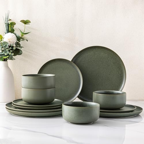 Image of LERATIO Stoneware Dinnerware Sets for 4,Handcarft Ceramic Plates and Bowls Sets,Chip and Scratch Resistant Dishes, Dishwasher & Microwave Safe, Oven safe,Reactive Glaze-Green