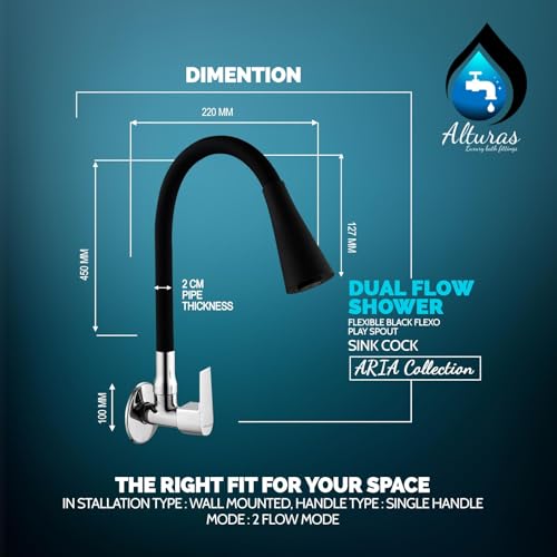 Image of ALTURAS Dual Flow Black Kitchen Sink Cock with 360 Degree Swivel Spout | Kitchen Sink Tap | Kitchen Faucet | Tap for Kitchen (Aria)