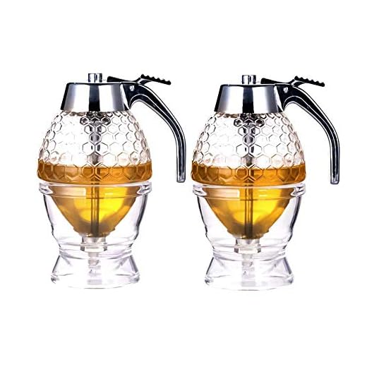 Honey dispenser, syrup dispenser, beautiful honeycomb honey jar, honey jar with stand (2Pack)