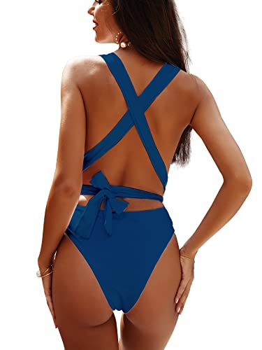 Image of Lilosy Sexy Tie Criss Cross Plunge One Piece Thong Swimsuit High Cut Brazilian Bathing Suit