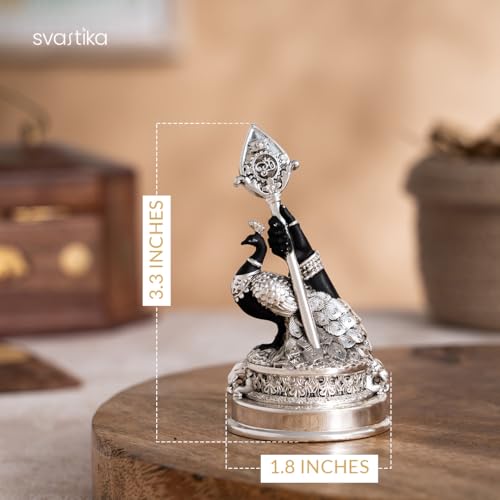 Image of Svastika Vel Mayil Murugan Idol (999 Silver Plated) | Lord Murugan Statue with Peacock | Spiritual Idol for Home Temple, Pooja Room, Car Dashboard & Gift | Decor Murti (3.5 Inch)