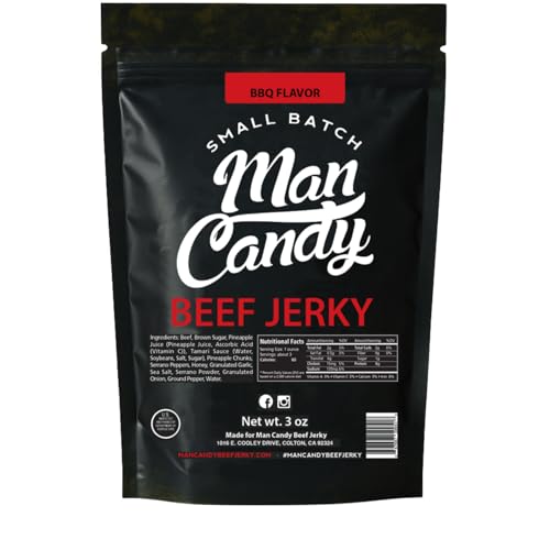 Man Candy Small Batch Beef Jerky BBQ Flavor Smoky and Sweet Premium Beef Snack High Protein 3 oz