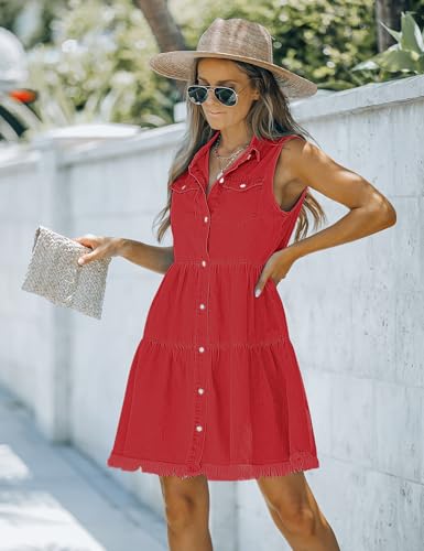 Image of luvamia Women's Casual Summer Lapel Sleeveless Button Down Short Denim Jean Dress
