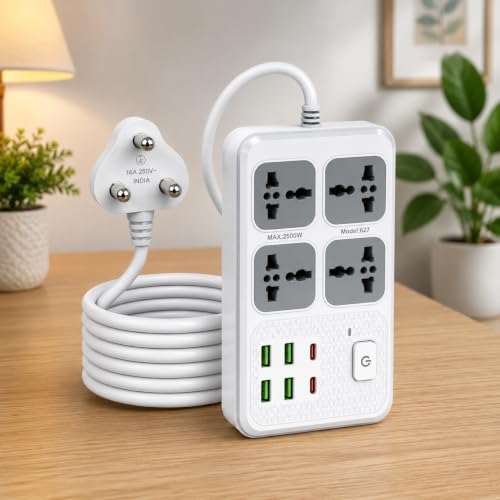 Image of Power Strip with 4 Universal Sockets with Child Security + 4 USB Ports + 2 Type-C Port, High Temperature Fuse Protector, 1500W with 2 Meter Cable, Wall Mountable Multi Plug for Home - White