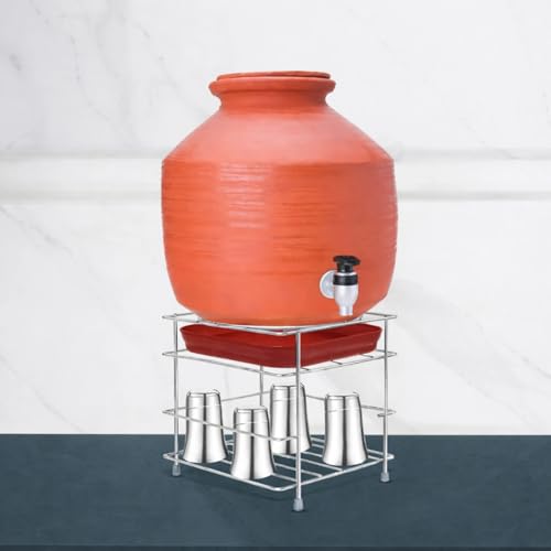 Image of Water Pot Stand for Kitchen | Stainless Steel Matka Stand with Glass Holder Tray | Heavy Duty Water Camper Stand for Home & Office | Suitable for Earthen Pot & Water Dispenser Rack