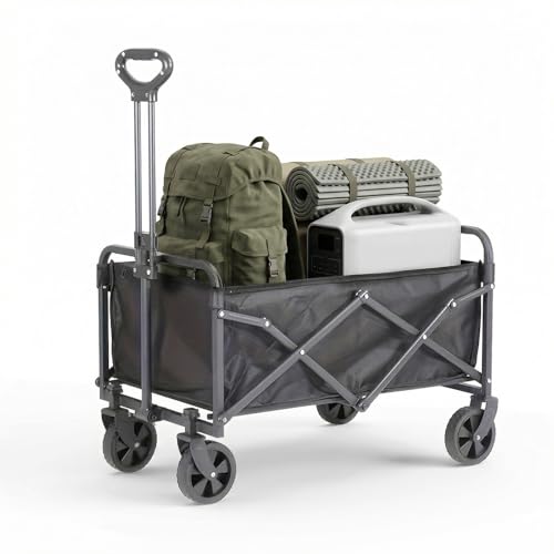 Bollerwagen Faltbar, All Terrain Räder Faltbarer Transportwagen mit Verstellbarem Griff Gartenwagen Transportwagen für Draussen Camping Einkaufen, Schwarz