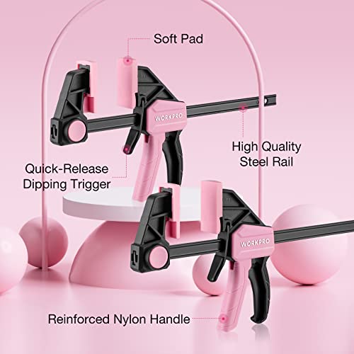 Image of WORKPRO Bar Clamps for Woodworking, 6-Pack One-Handed Clamp /Spreader, 4PC 6 inch and 2PC 12 inch Wood Clamp Set, Light-Duty Quick-Change F Clamps with 150 lbs Load Limit, Pink Ribbon