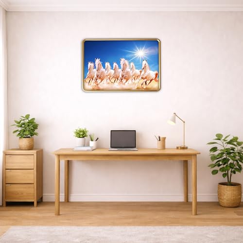 Image of XOPY Seven Running Horses with Golden Frame | Vastu 7 horses Raw Pyrite Painting for Home, Office & Living Room Wall Decore | 12X18 Inch Sparkle Laminated Frame | Best For Gifting (3109, 12X18)