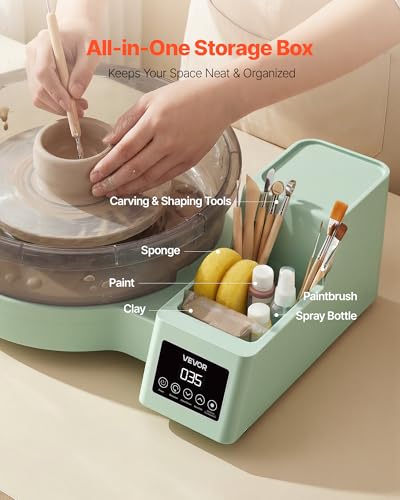 Image of VEVOR Pottery Wheel for Adults, 14 inch and 11 inch Turntables, 450W Electric Table Top Pottery Wheel with Foot Pedal, 30-300 RPM Adjustable Speed, Detachable Basin, for Beginners, DIY Clay Art Craft, Green