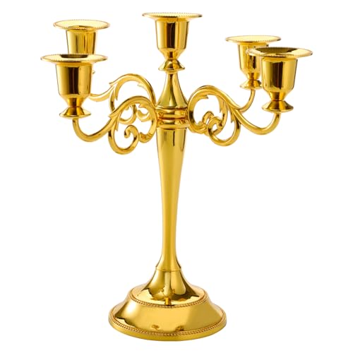 YOUEON 10In Metal Candle Holder with 5 Arms Candelabra Centrepiece Gold Candelabra Candle Holder Candlestick Holder for 1 Inch Diameter Pillar Candles Antique Candle Stand for Wedding Party Home Decor