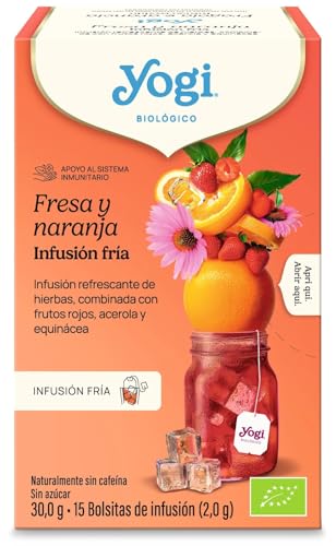 Yogi Tea Cold Brew Fresa y Naranja - Infusión Fría Natural, 15 Bolsitas, Bebida Refrescante Sin Azúcar, Té Helado Saludable